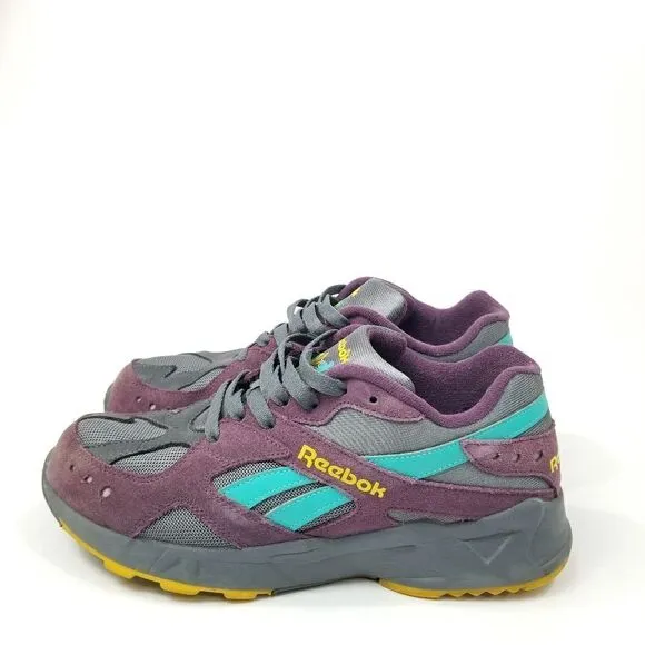 Reebok Aztrek Low Textile Trainer Sneakers (Purple, Grey, Teal, Yellow) Size 8.5