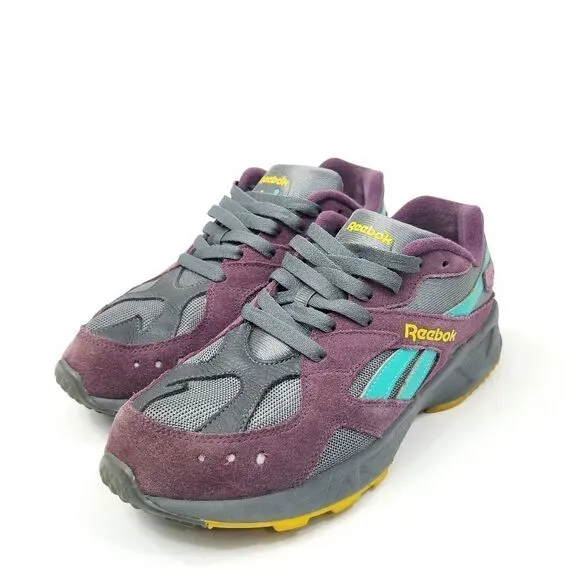 Reebok Aztrek Low Textile Trainer Sneakers (Purple, Grey, Teal, Yellow) Size 8.5