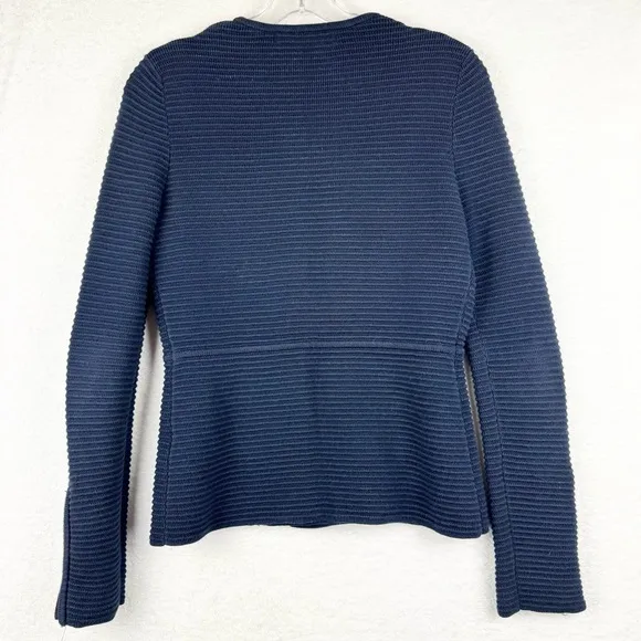 REISS Ribbed Textured Asymmetric Zip Front Sweater Jacket Navy S Preppy Minimal