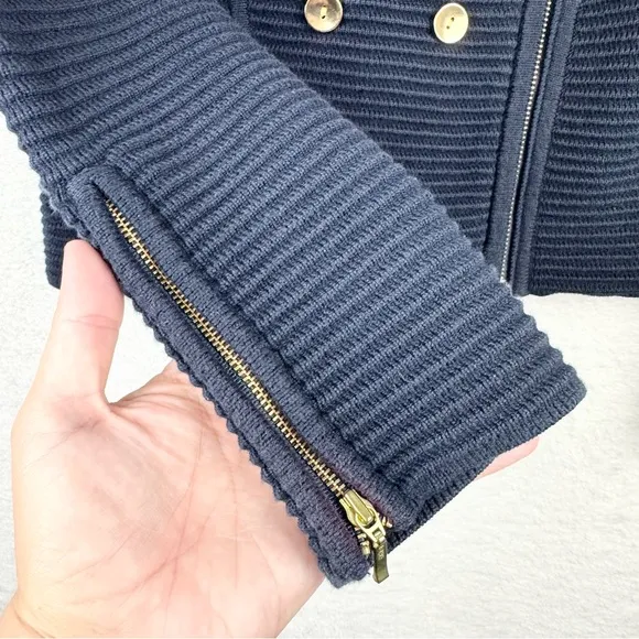 REISS Ribbed Textured Asymmetric Zip Front Sweater Jacket Navy S Preppy Minimal