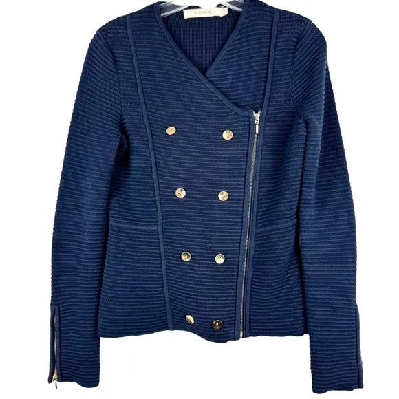 REISS Ribbed Textured Asymmetric Zip Front Sweater Jacket Navy S Preppy Minimal