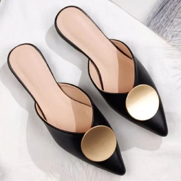Riveted Black Gold Pointed Toe Flat Mules Shoes