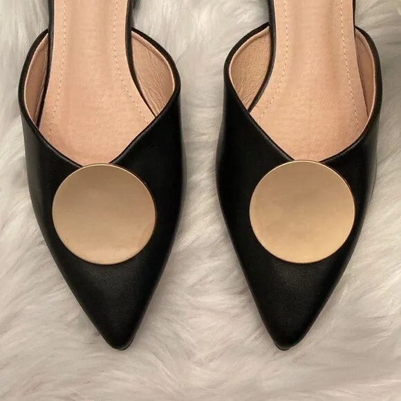 Riveted Black Gold Pointed Toe Flat Mules Shoes