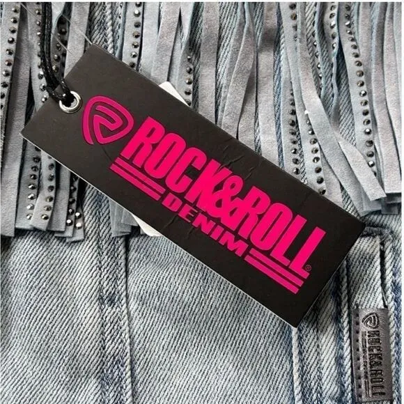 Rock and Roll Denim Light Wash Studded Fringe Denim Jacket