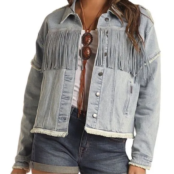Rock and Roll Denim Light Wash Studded Fringe Denim Jacket