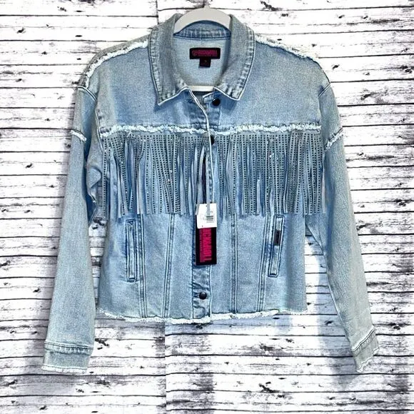 Rock and Roll Denim Light Wash Studded Fringe Denim Jacket
