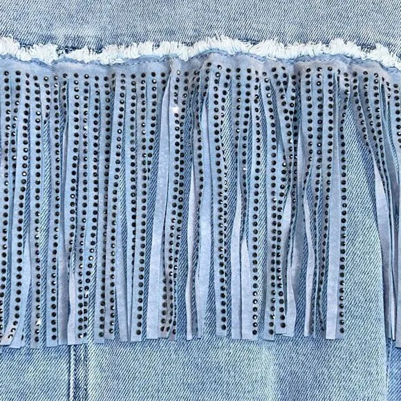Rock and Roll Denim Light Wash Studded Fringe Denim Jacket