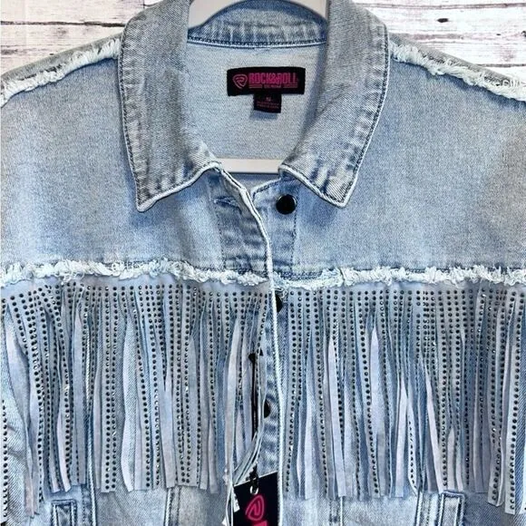 Rock and Roll Denim Light Wash Studded Fringe Denim Jacket
