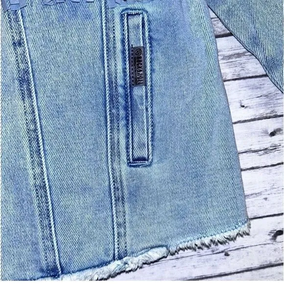 Rock and Roll Denim Light Wash Studded Fringe Denim Jacket