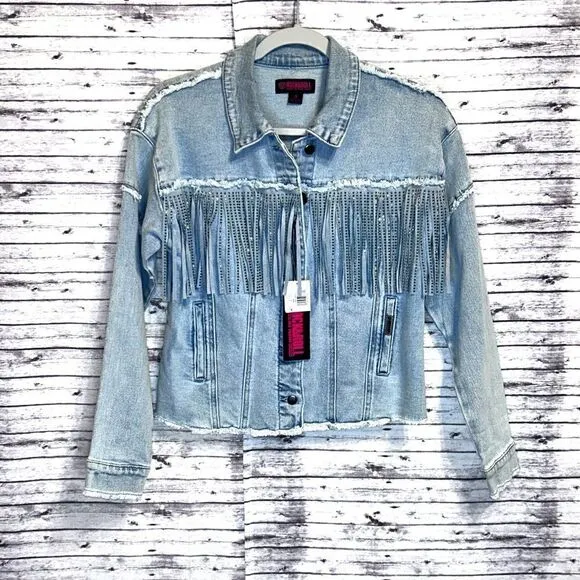 Rock and Roll Denim Light Wash Studded Fringe Denim Jacket