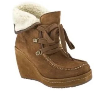 Rocket Dog Bonfire Tan Suede Lace-Up Wedge Boots with Faux Shearling Lining