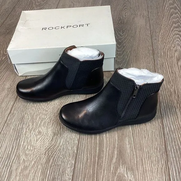 ROCKPORT Tessie Bootie Womans Black Flat Boots Zippper‎ US 6 W