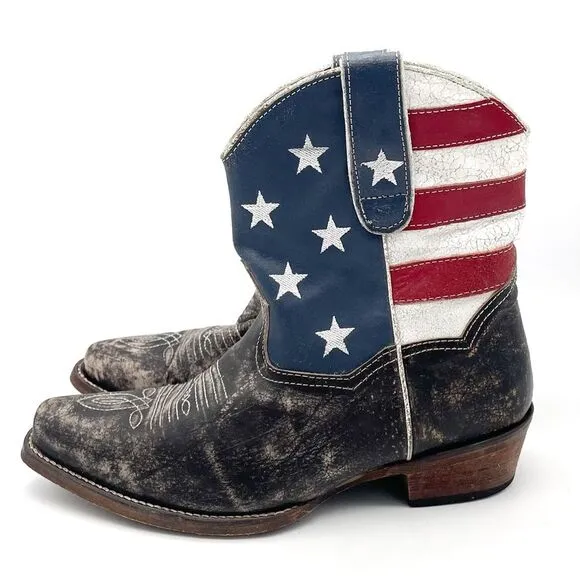 Roper American Beauty Flag Ankle Boots Distressed Cowgirl Boot Women’s Size 7.5