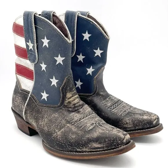 Roper American Beauty Flag Ankle Boots Distressed Cowgirl Boot Women’s Size 7.5