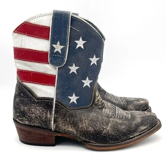 Roper American Beauty Flag Ankle Boots Distressed Cowgirl Boot Women’s Size 7.5