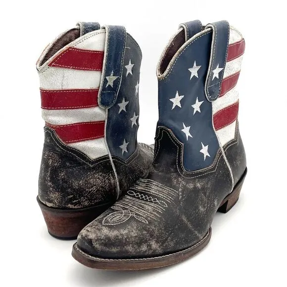 Roper American Beauty Flag Ankle Boots Distressed Cowgirl Boot Women’s Size 7.5
