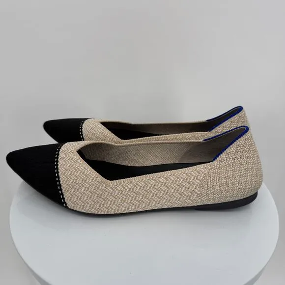 Rothy’s shoes women’s size 9.5 The Point II ballet flat cream herringbone black