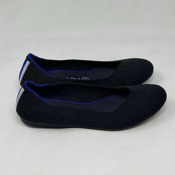 Rothy’s The Flat Womens 8.5 Black Knit Round Toe Slip On Heel Stripe Shoes