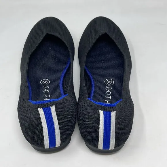 Rothy’s The Flat Womens 8.5 Black Knit Round Toe Slip On Heel Stripe Shoes