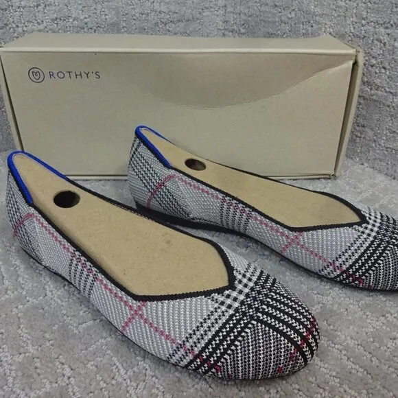 Rothy's The Flat Women's Size 7.5 US Gray Glen Plaid Slip on Ballet Flat Shoes