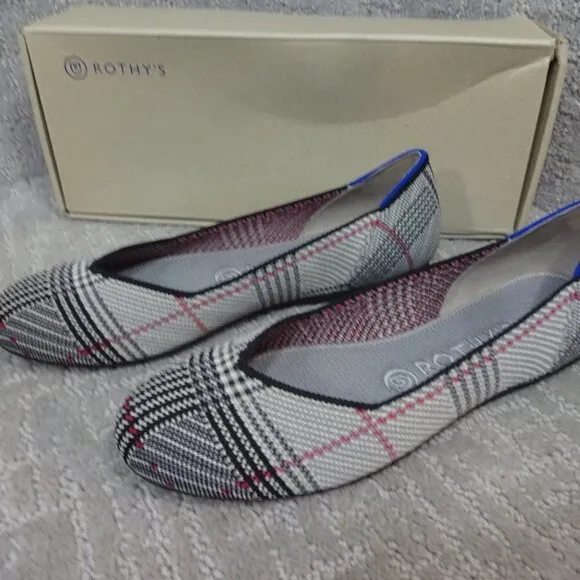 Rothy's The Flat Women's Size 7.5 US Gray Glen Plaid Slip on Ballet Flat Shoes