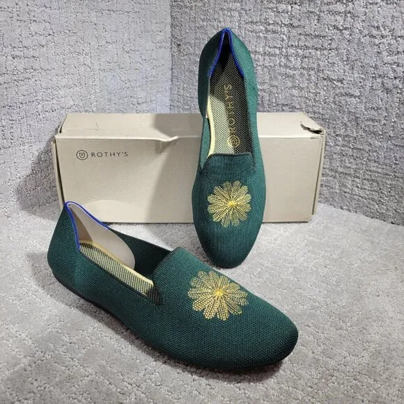 Rothy’s The Loafer Women's Size 6.5 Evergreen Embroidered Rounded Toe Flat Shoes