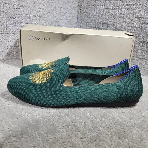 Rothy’s The Loafer Women's Size 6.5 Evergreen Embroidered Rounded Toe Flat Shoes