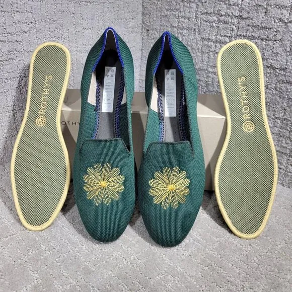 Rothy’s The Loafer Women's Size 6.5 Evergreen Embroidered Rounded Toe Flat Shoes
