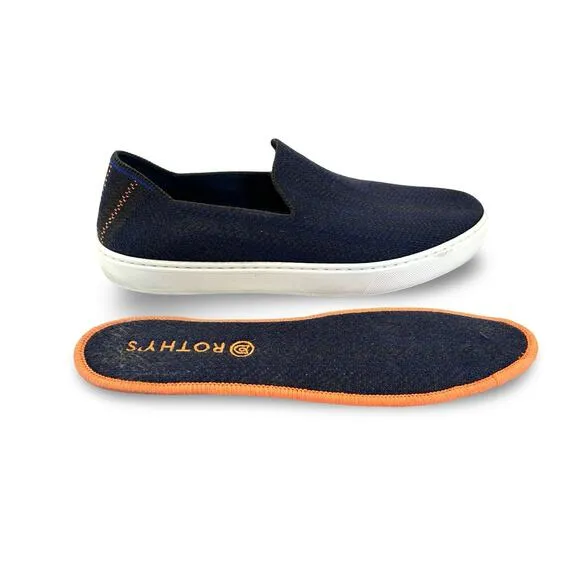 Rothys The Original Slip On Sneaker Merino Womens Size 10.5 Blue Herringbone