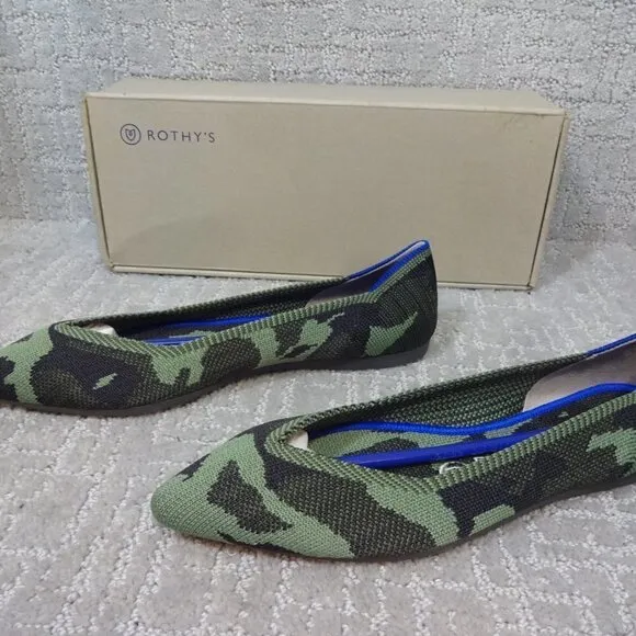 Rothys The Point Olive Camo Pointed Toe Slip on Flat Shoes Multiple Sizes