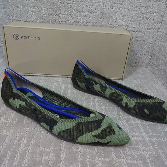 Rothys The Point Olive Camo Pointed Toe Slip on Flat Shoes Multiple Sizes