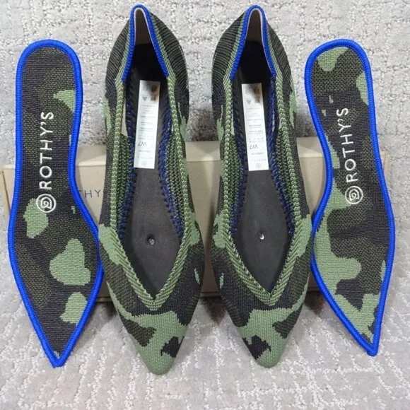 Rothys The Point Olive Camo Pointed Toe Slip on Flat Shoes Multiple Sizes