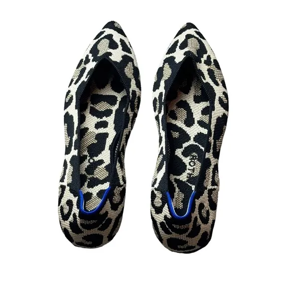 Rothy's The Point Toe Ballet Flat Leopard Print Cream and Black Size W11.5 NWOT