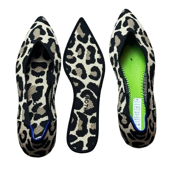 Rothy's The Point Toe Ballet Flat Leopard Print Cream and Black Size W11.5 NWOT
