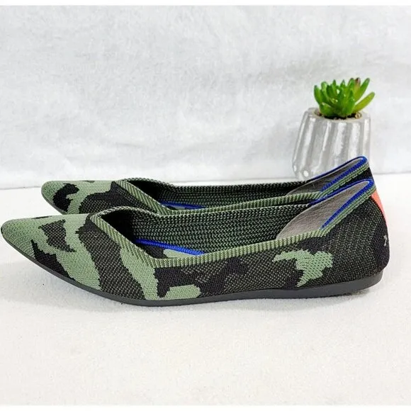 Rothys Womens Olive Green Camouflage Point Toe Ballet Flat Shoes Knit Size W10