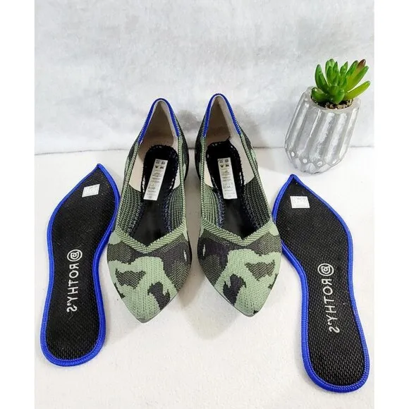 Rothys Womens Olive Green Camouflage Point Toe Ballet Flat Shoes Knit Size W10
