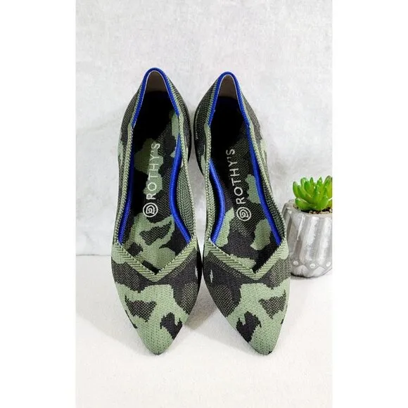 Rothys Womens Olive Green Camouflage Point Toe Ballet Flat Shoes Knit Size W10