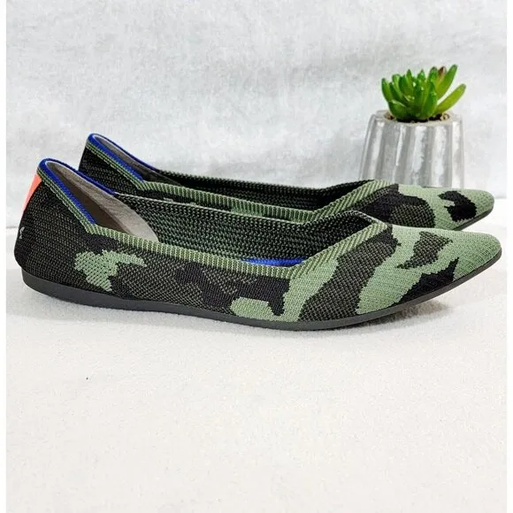 Rothys Womens Olive Green Camouflage Point Toe Ballet Flat Shoes Knit Size W10