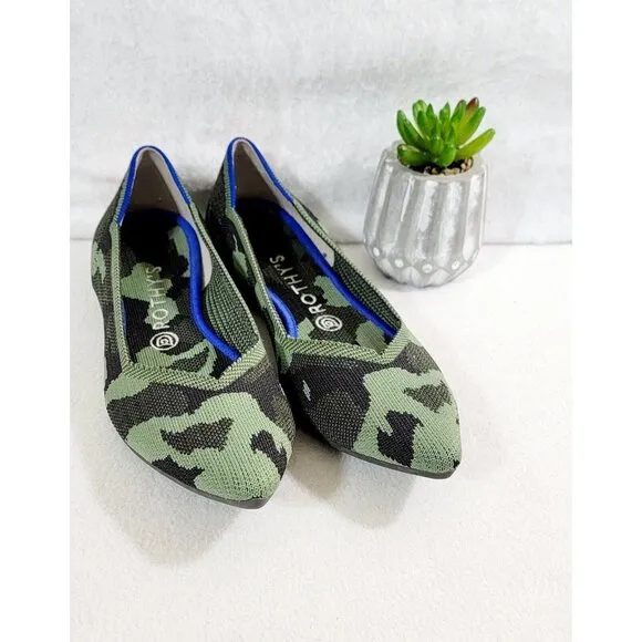 Rothys Womens Olive Green Camouflage Point Toe Ballet Flat Shoes Knit Size W10