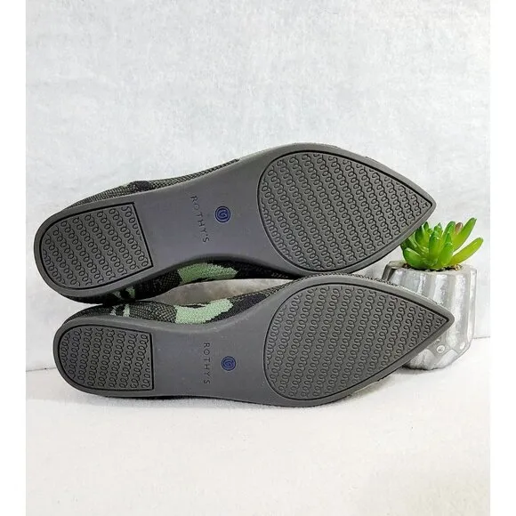 Rothys Womens Olive Green Camouflage Point Toe Ballet Flat Shoes Knit Size W10