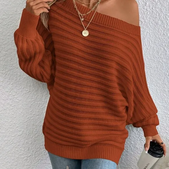 Rust Brown Casual Women's Boat Neck Batwing Sleeve Sweater
