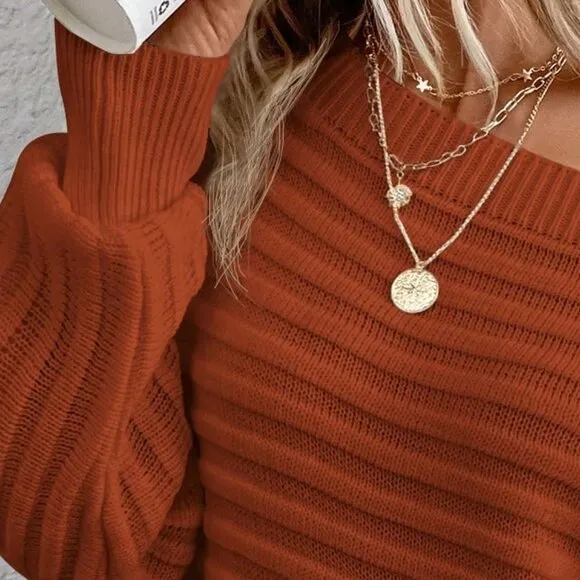 Rust Brown Casual Women's Boat Neck Batwing Sleeve Sweater