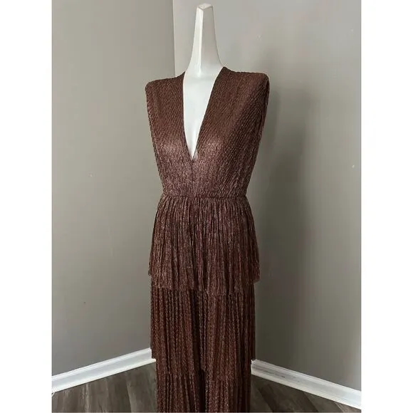 SABINA MUSÁYEV Skylar Tiered Belted Metallic Gown Size S $575