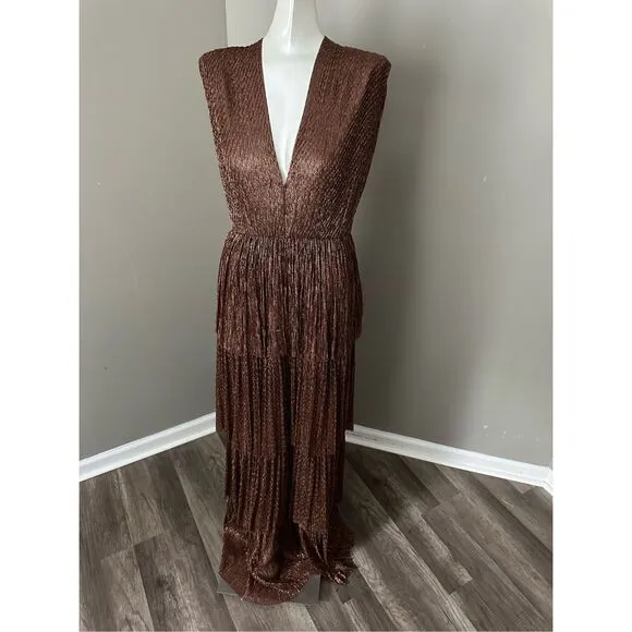 SABINA MUSÁYEV Skylar Tiered Belted Metallic Gown Size S $575
