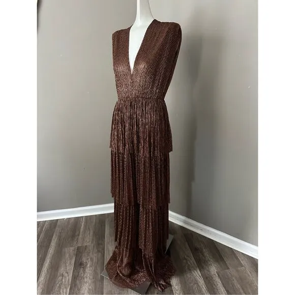 SABINA MUSÁYEV Skylar Tiered Belted Metallic Gown Size S $575