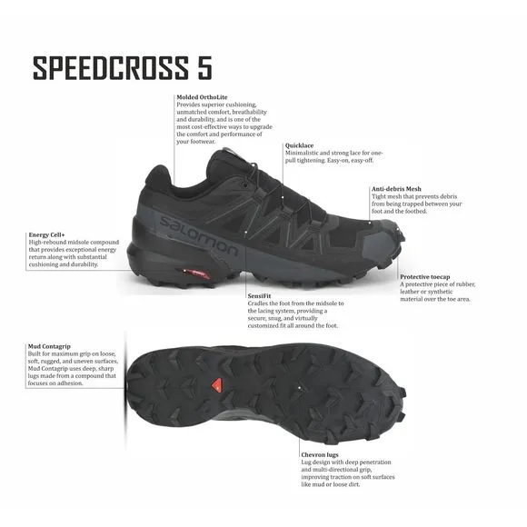 SALOMON SPEEDCROSS 5 TRAIL RUNNING SHOES FOR MEN, BLACK/BLACK/PHANTOM, 11