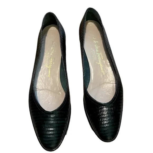 Salvatore Ferragamo Ballet Flat Black and Forest Green Snakeskin Shoes