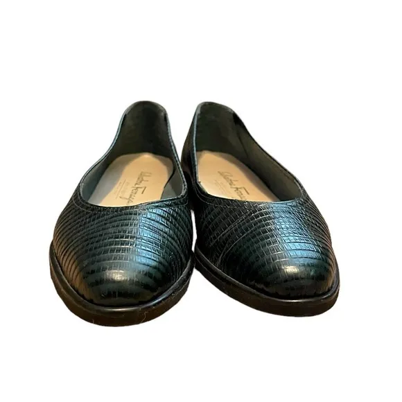 Salvatore Ferragamo Ballet Flat Black and Forest Green Snakeskin Shoes