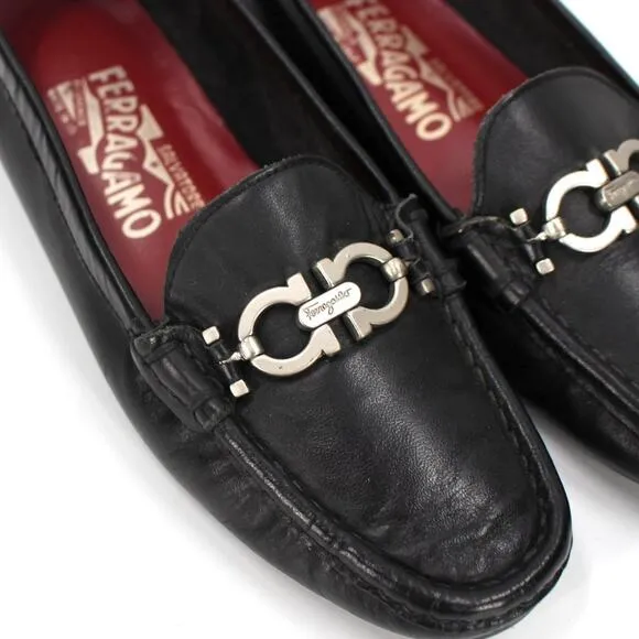 Salvatore Ferragamo Black Leather Silver Gancini Bit Driving Loafer 36.5 E Shoes