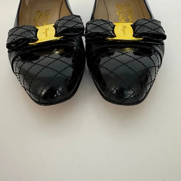 Salvatore Ferragamo Kitten Heel Black Vara Bow Shoes Leather Pumps 9.5AA
